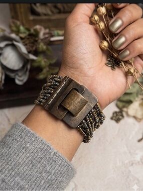 Boho Multi-Strand Brass Beaded Cuff Bracelet - Brown